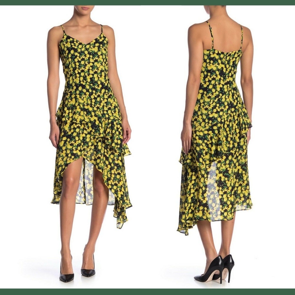NWT $338 Parker Limon Patterned Ruffled Hi-Lo Midi Dress Lemons [SZ XS ]‎